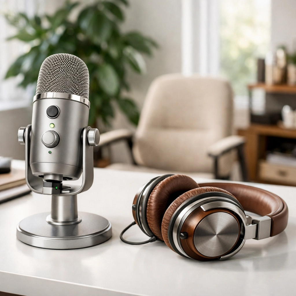 Premium creative workspace with high-end audio equipment for professional content marketing production.