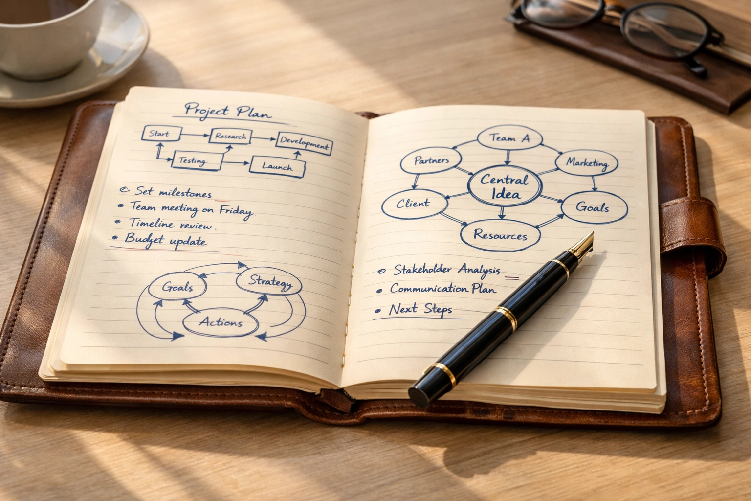 Open notebook with organizational flowcharts and decision mapping for knowledge capture