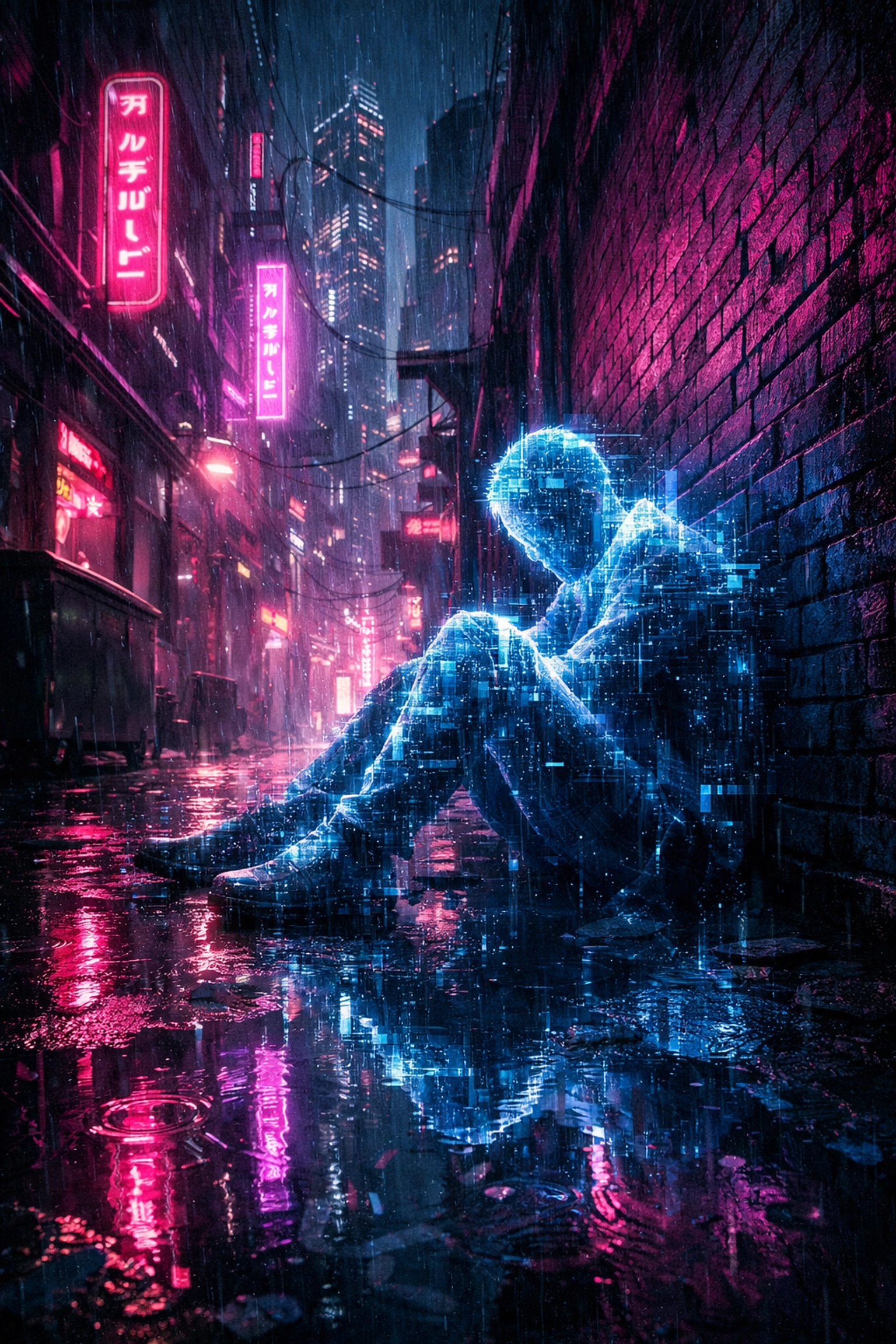 Glitching hologram in a neon alley, representing themes in cyberpunk books and science fiction thriller books.