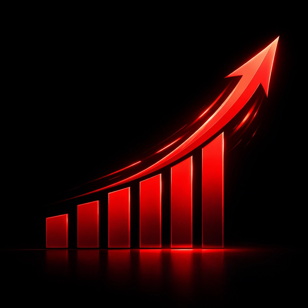 Upward growth arrow representing increased business leads and scaling through trade digital marketing.