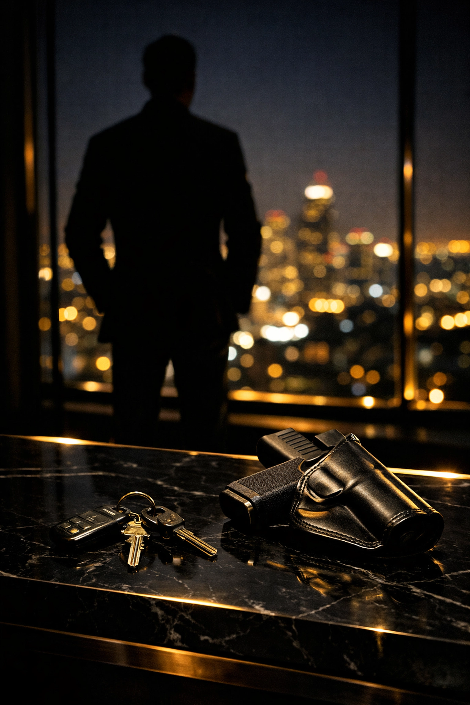 Responsible gun owner overlooking NYC skyline with a sense of security and preparation.