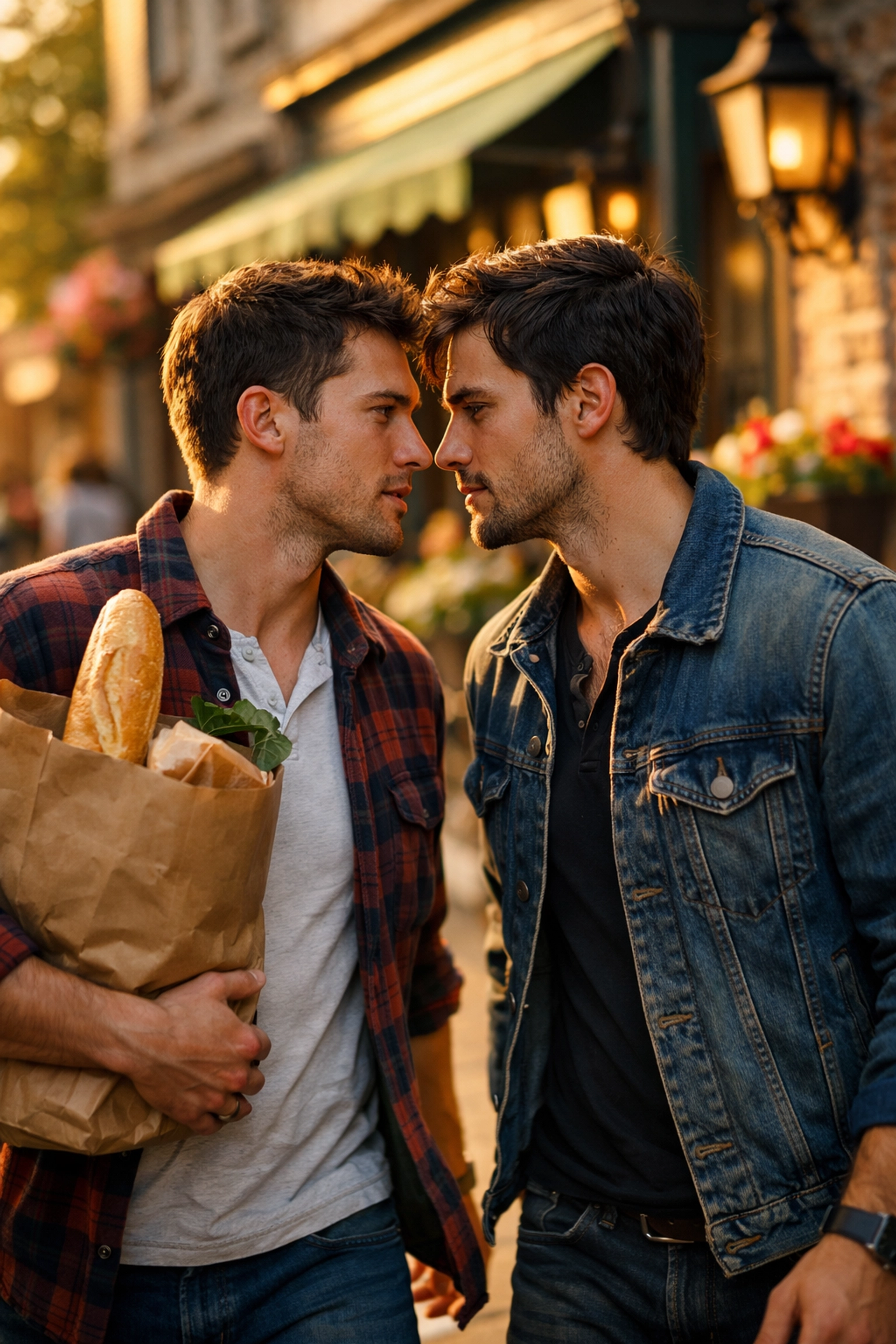 Two men in an MM romance story share a tense, romantic look on a sunny small-town sidewalk.
