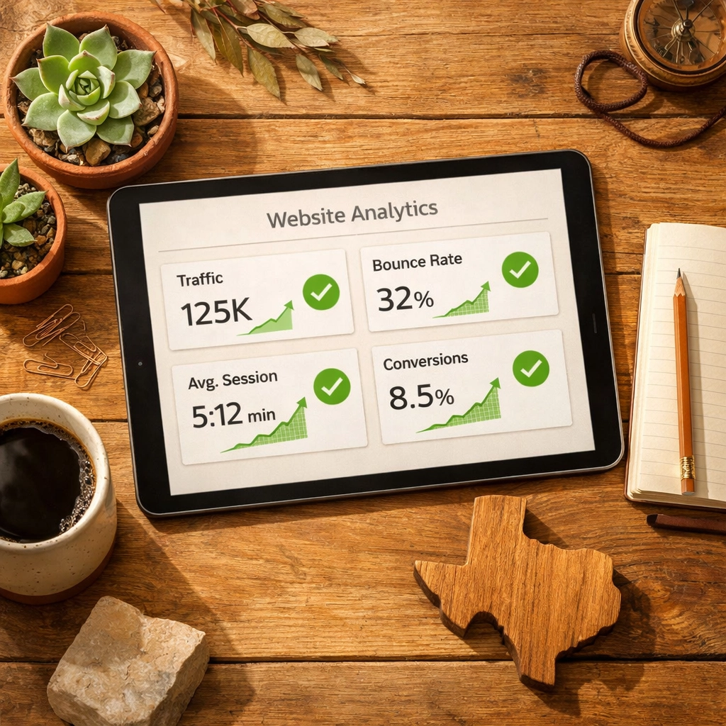 Website performance metrics dashboard with green checkmarks on Austin workspace with plants