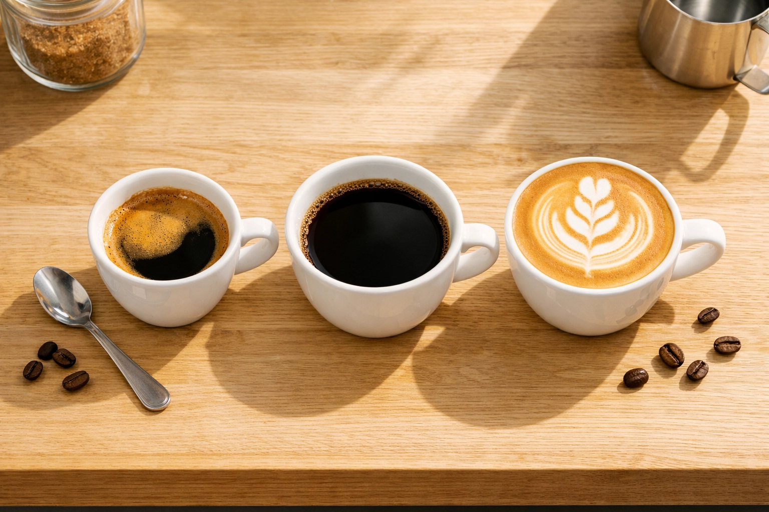 Three café preparations of Colombian coffee: espresso, filter, and latte on wooden counter