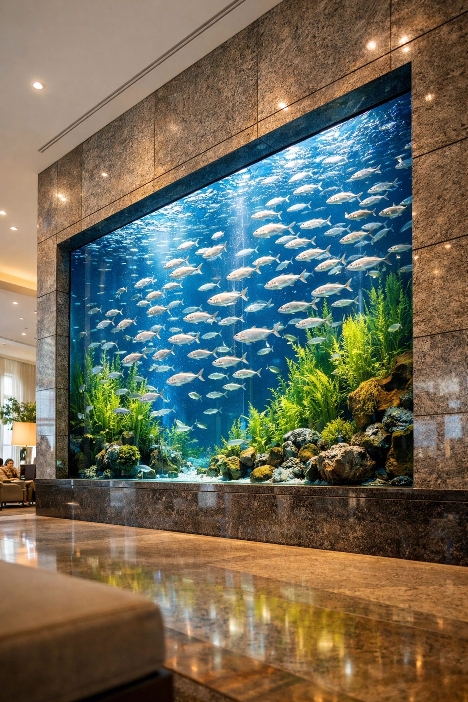 Large architectural aquarium installation in a luxury hotel lobby showing commercial B2B trends.