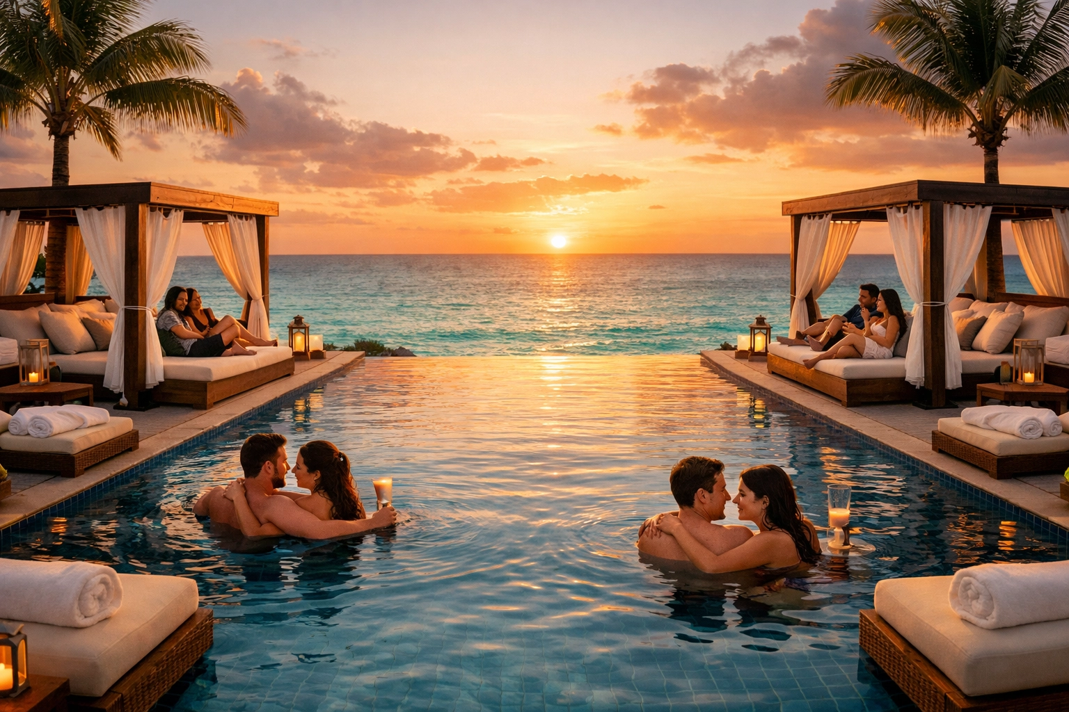 Adults-only infinity pool at Sandals Caribbean resort with private cabanas at sunset