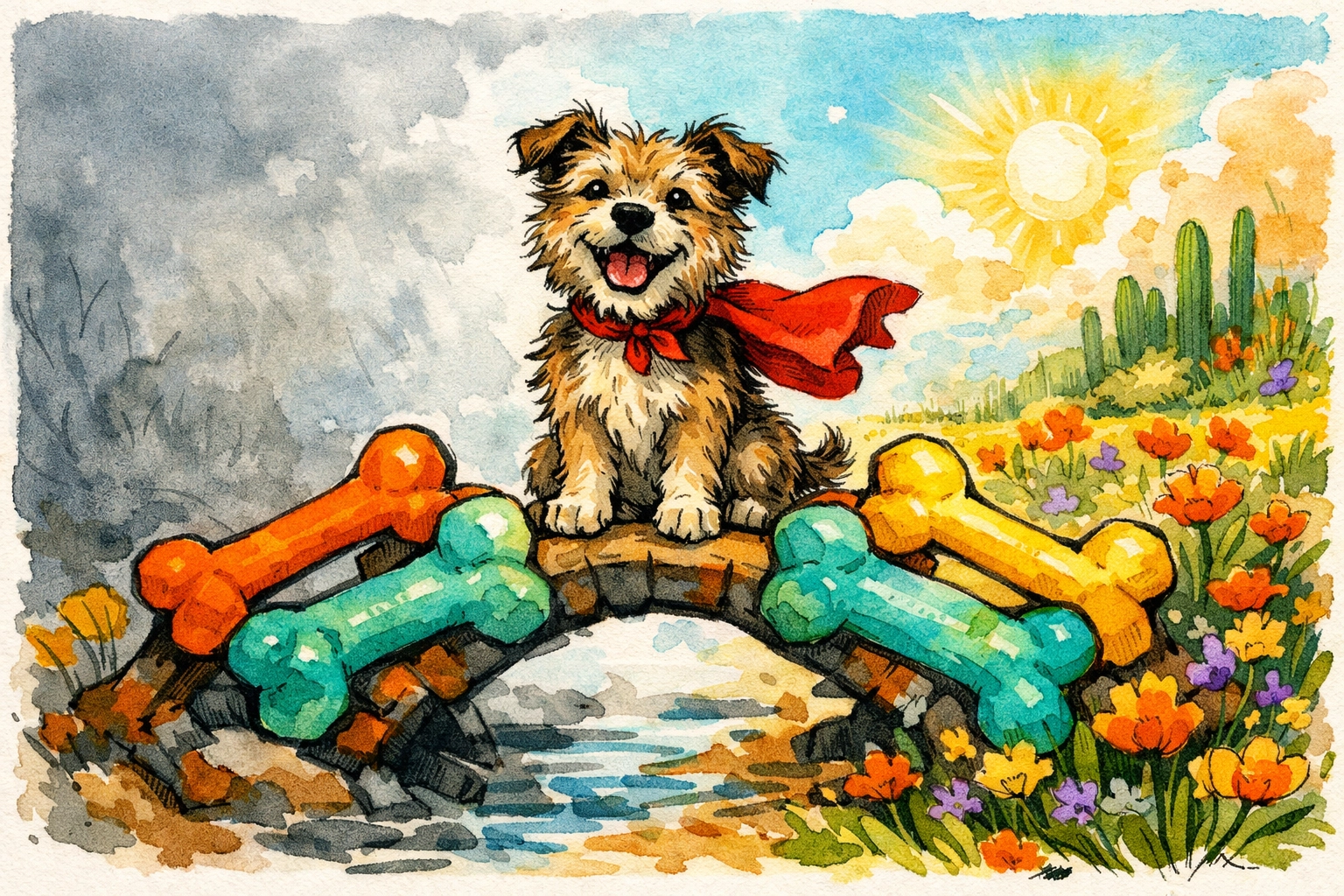 A scruffy terrier wearing a superhero cape, illustrating the life-saving impact when you foster a dog.