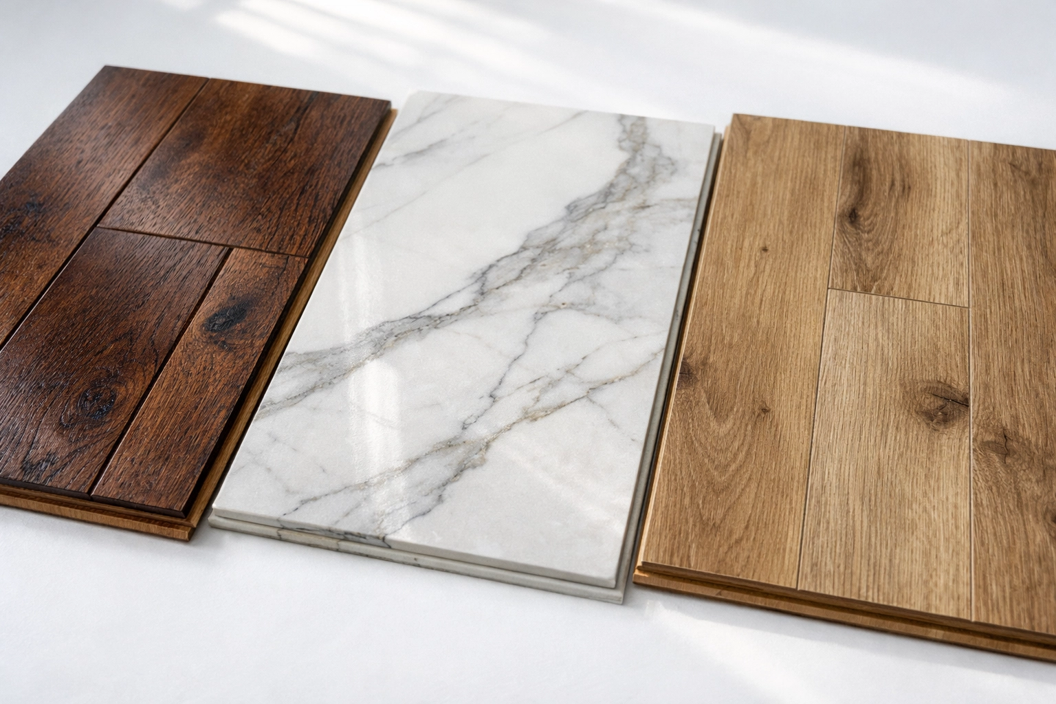 Flooring renovation Orlando samples showing hardwood, porcelain tile, and luxury vinyl options