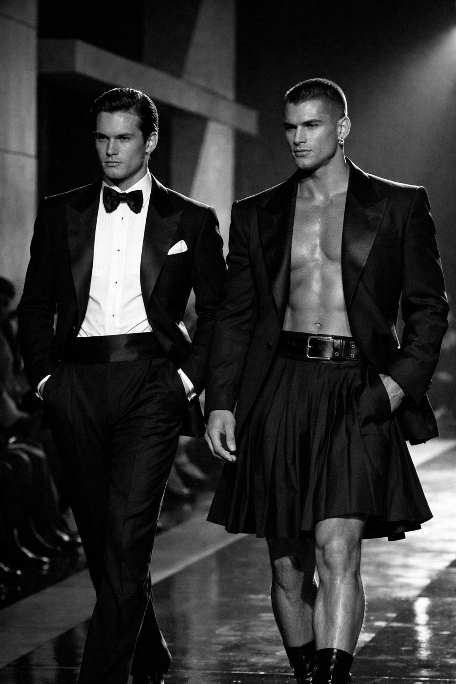 Male models in gender-fluid runway fashion inspired by Yves Saint Laurent and Gaultier