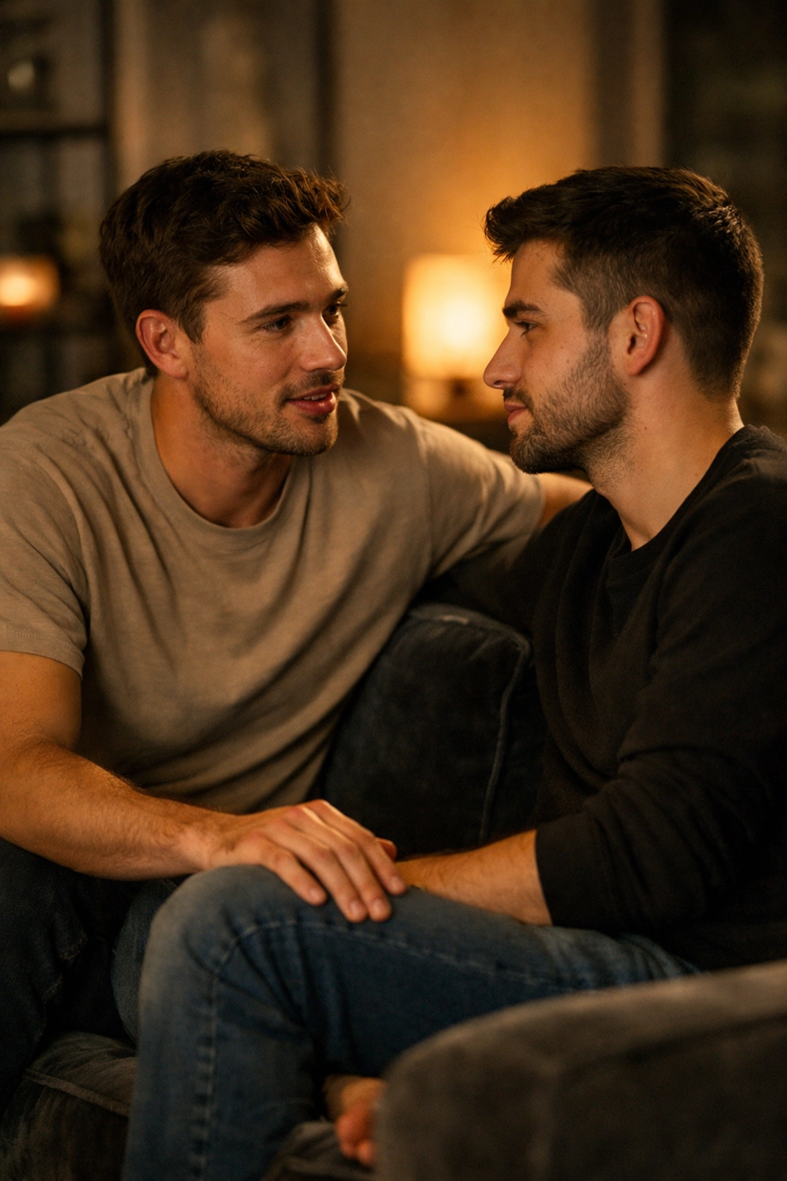 Two men in a deep conversation on a sofa, representing trust in early MM romance relationships.