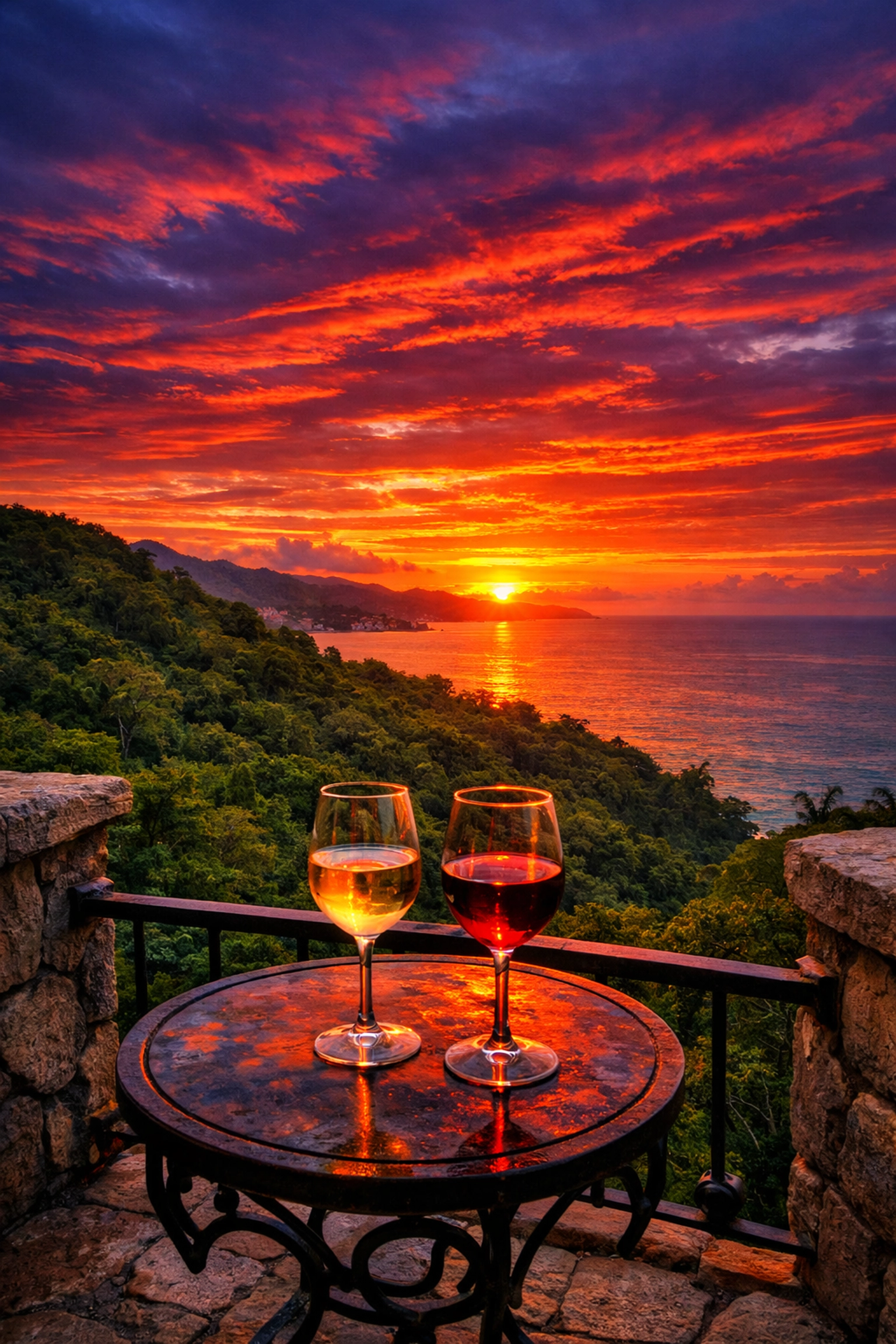 Romantic balcony view of the Puerto Vallarta sunset and Banderas Bay from an Amapas neighborhood rental.