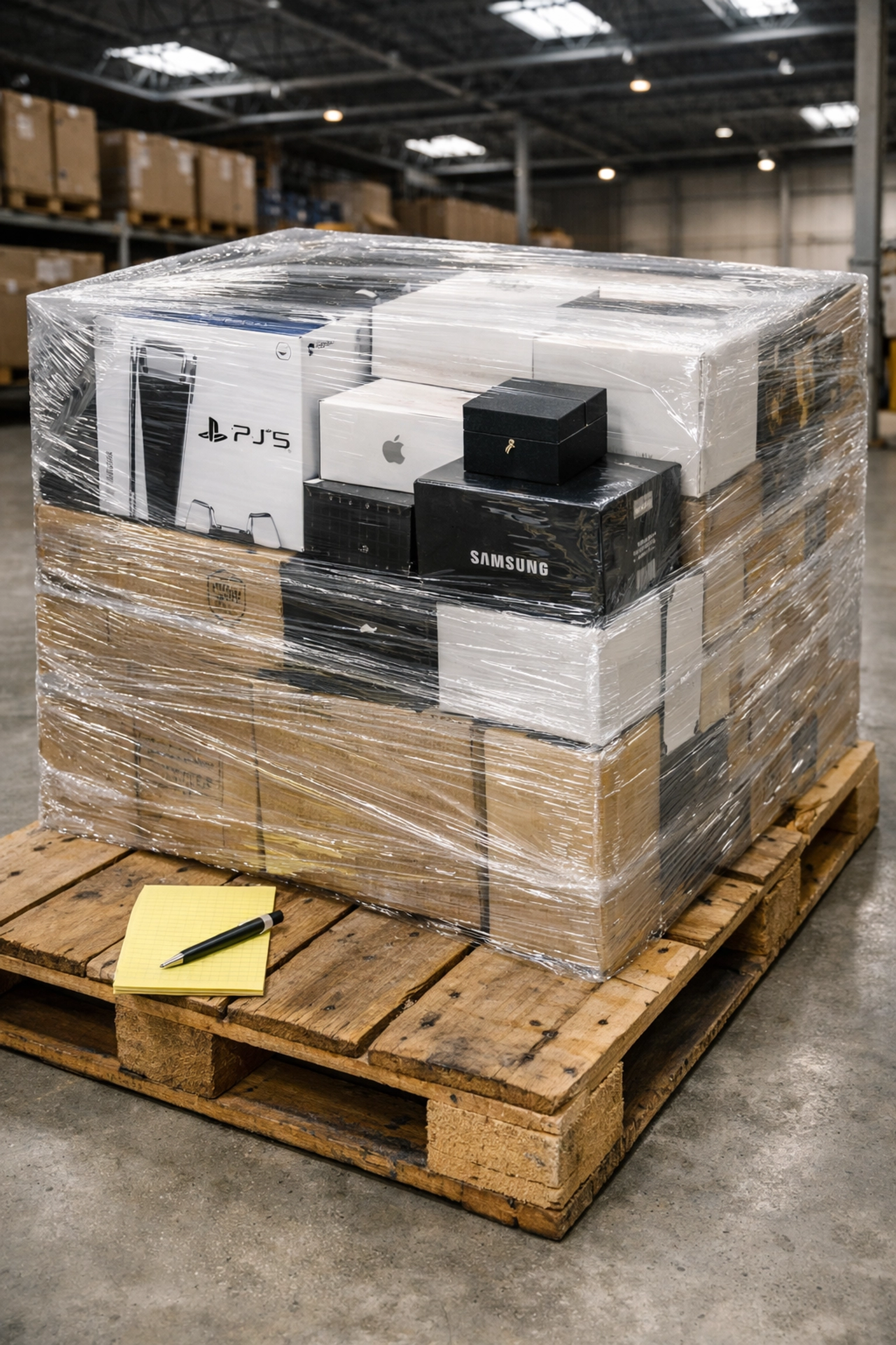 Shrink-wrapped liquidation pallets with electronics and jewelry boxes in a modern wholesale warehouse.