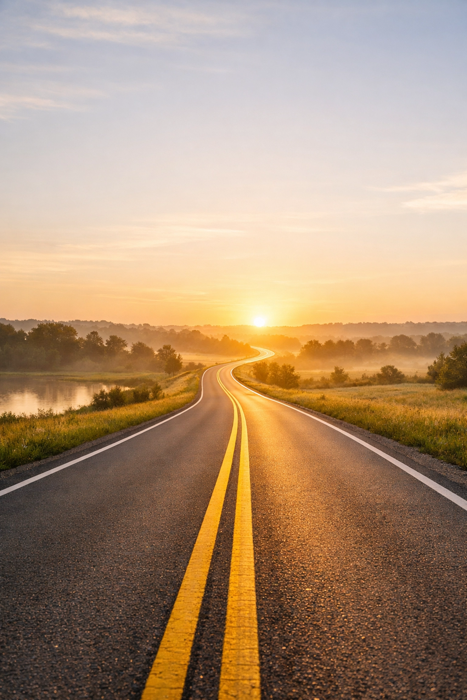 Sunlit winding road at sunrise symbolizing a clear, guided journey for long-term insurance strategy.