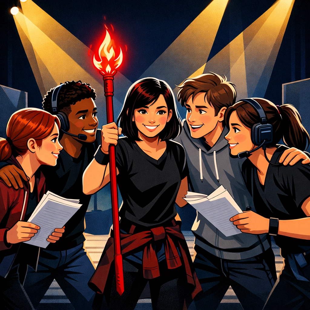 High school theatre students collaborating on stage during a rehearsal for She Kills Monsters at WRP.