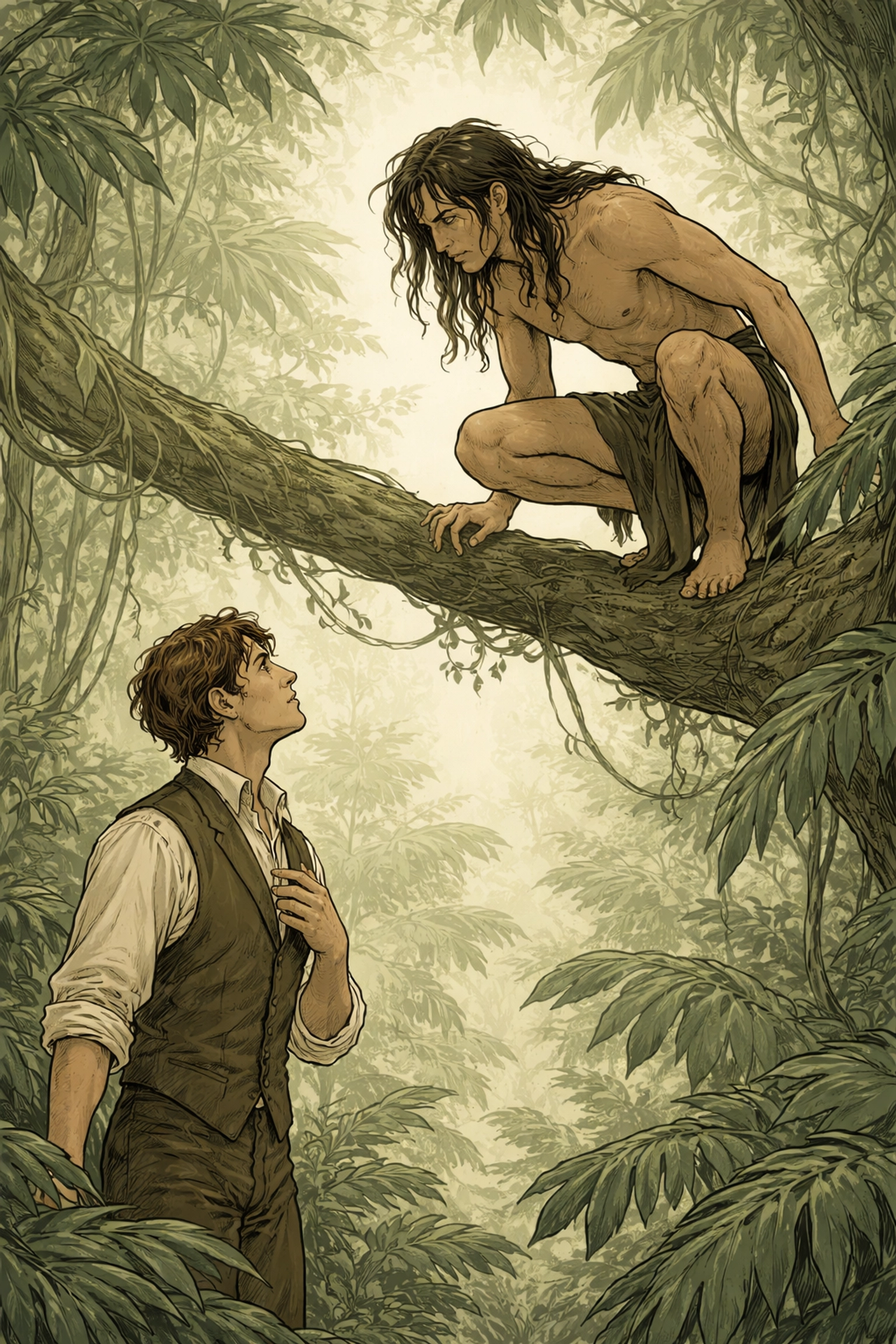 Romantic illustration of two men, a wild Mowgli and a Victorian scholar, connecting in a lush green jungle setting