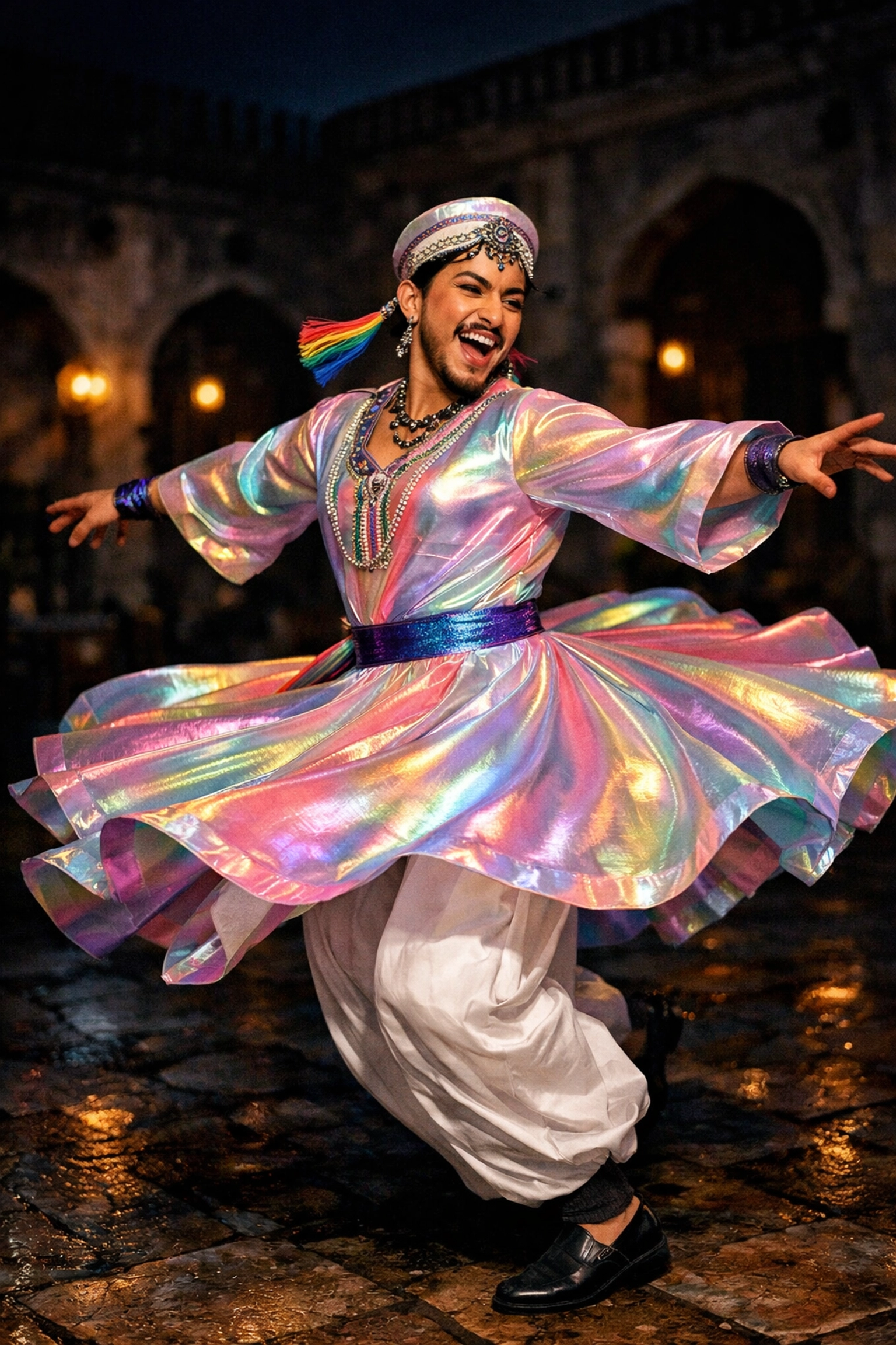 Queer Afghan performer dancing in a traditional tunic, illustrating the Murat resistance movement.