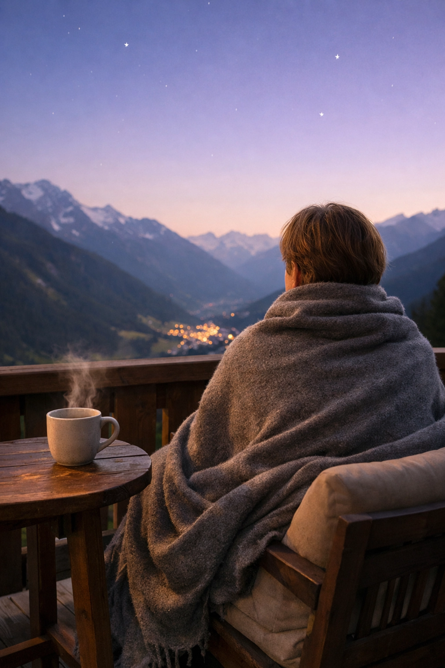 Traveler relaxing on a balcony with a cashmere throw overlooking a scenic alpine valley.