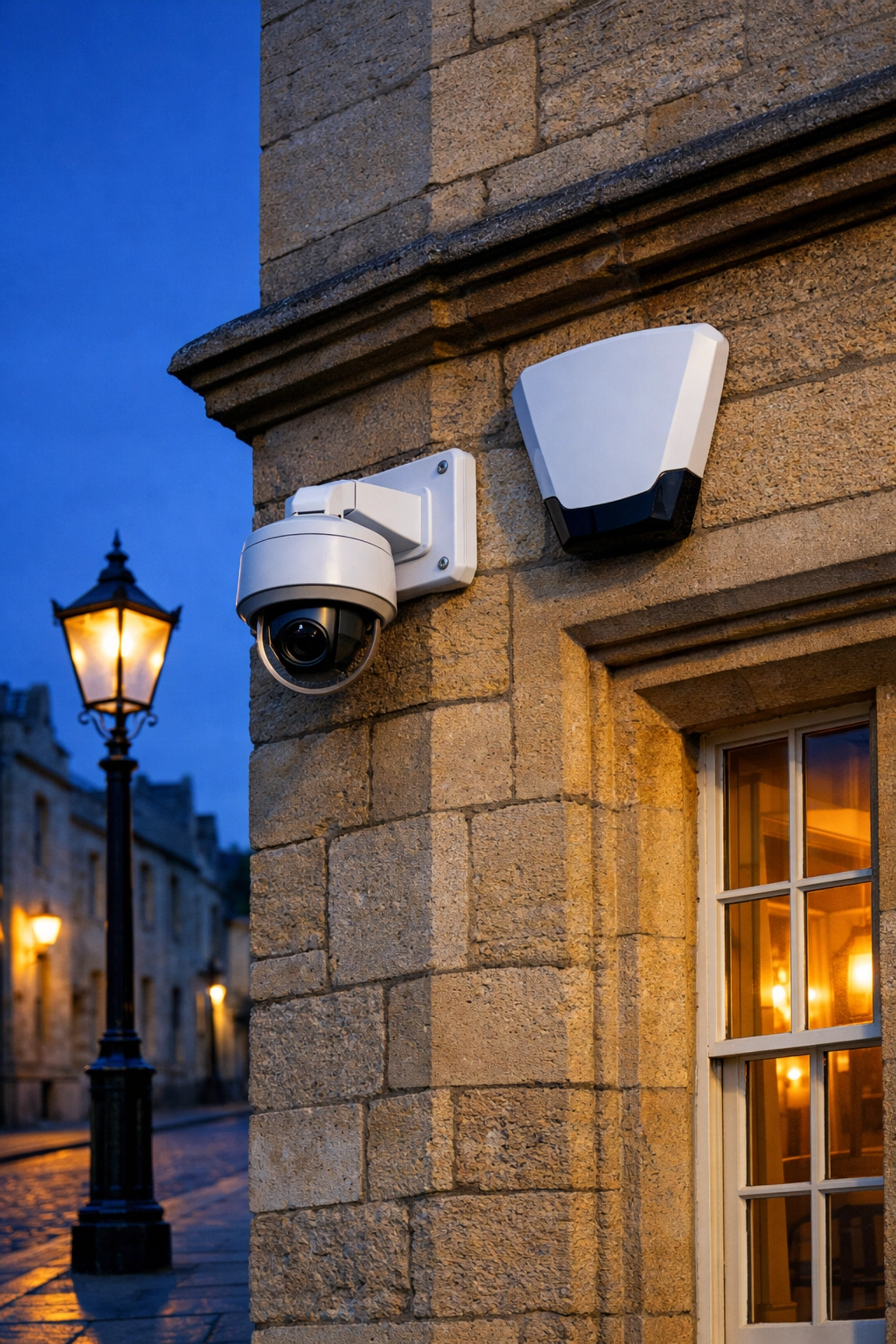 External security camera and alarm bell box on a traditional stone commercial building in Oxford.