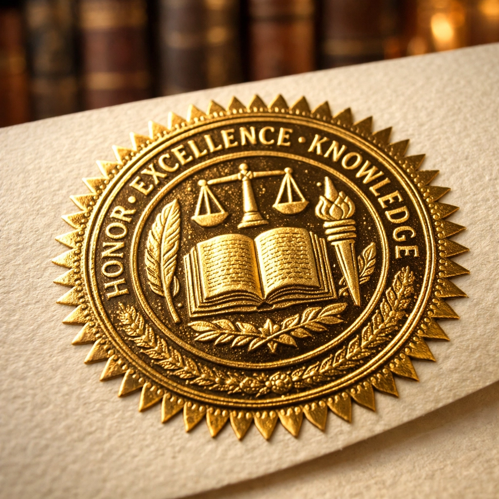 A close-up of a gold university seal on a diploma signifying an accredited and respected online degree.