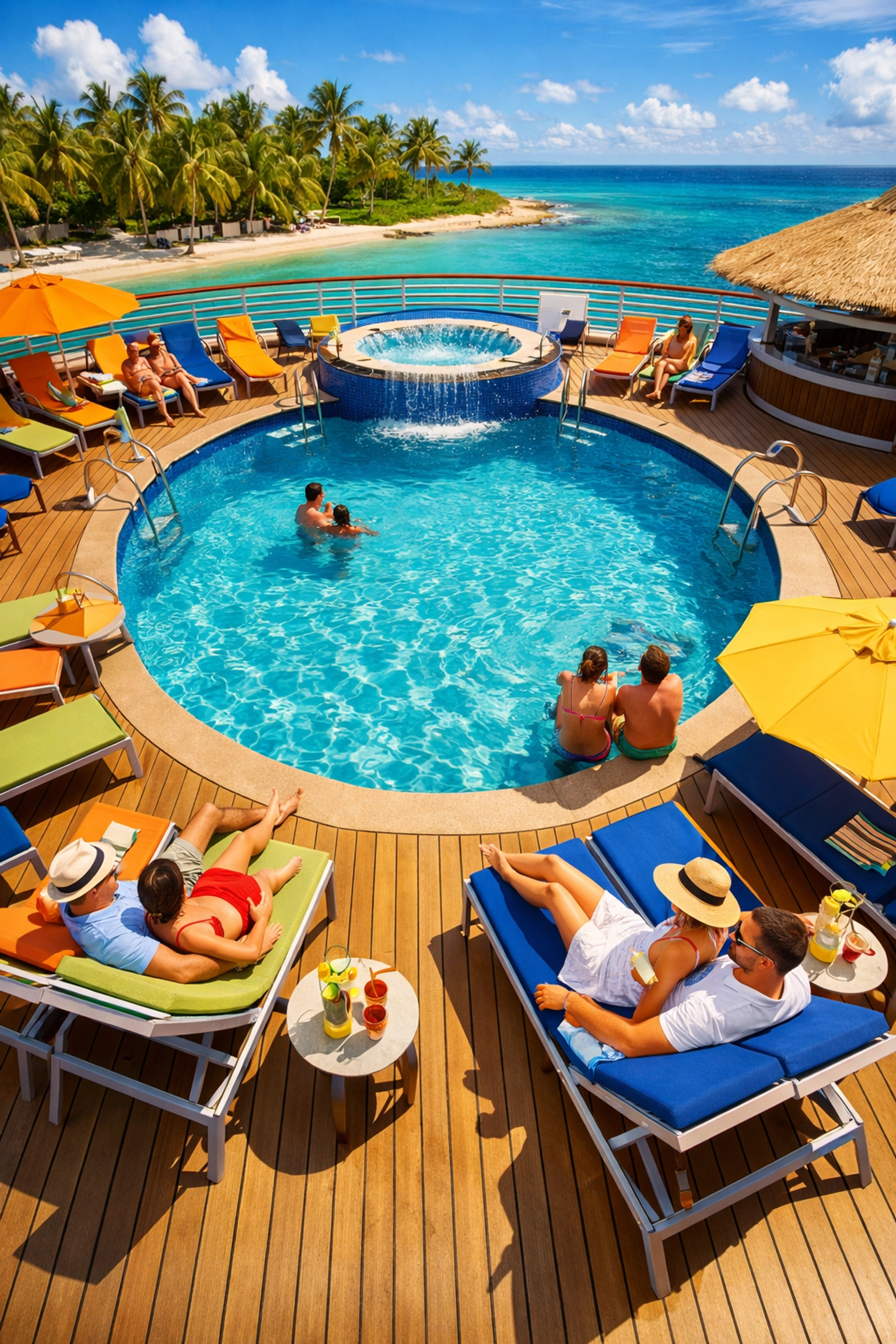 Tropical cruise ship pool deck with couples relaxing in Caribbean sunshine