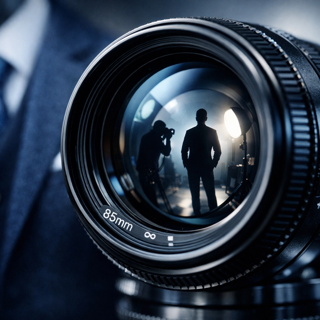 Close-up of a camera lens reflecting a subject in a navy suit for a corporate portrait.