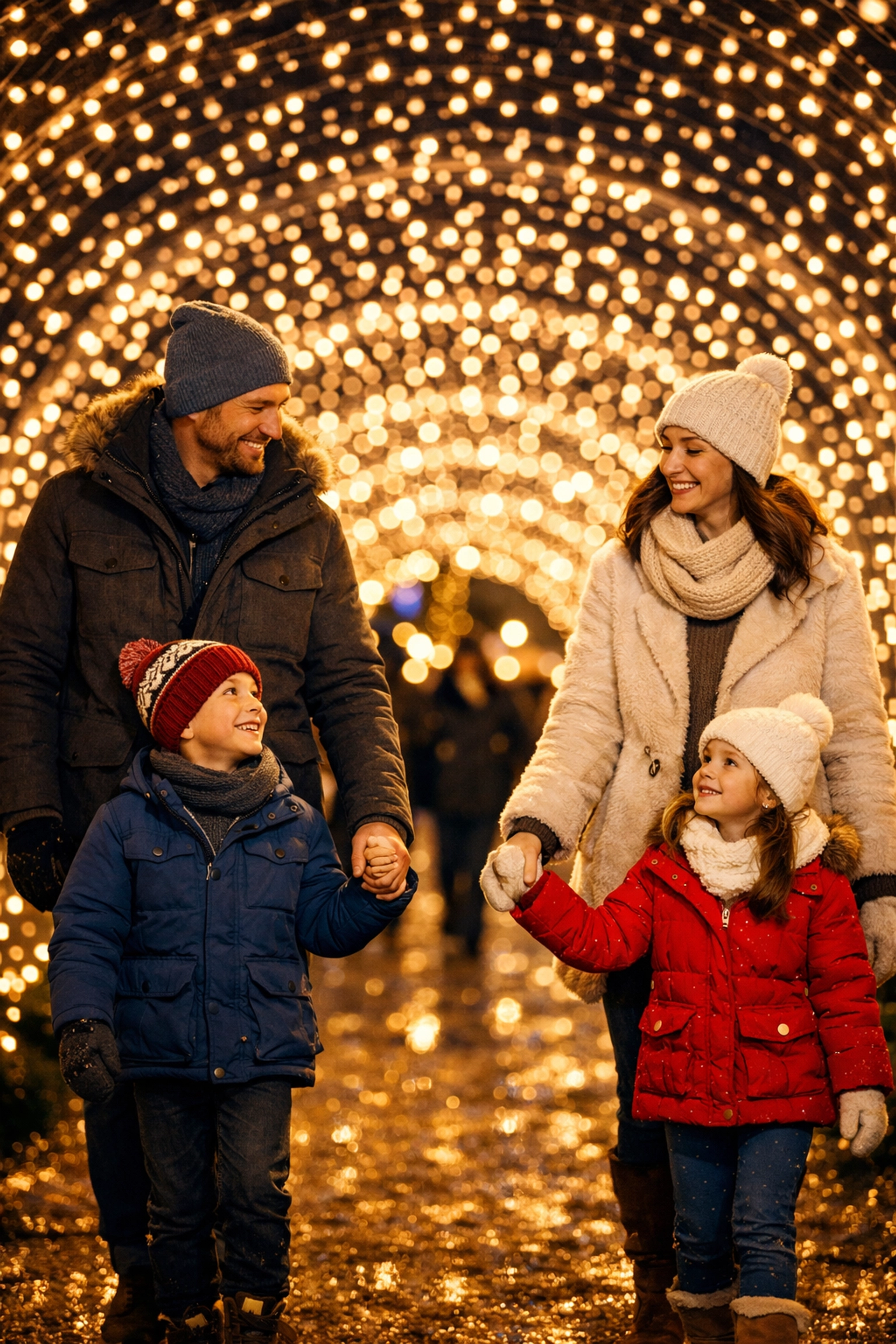 Family walking through a winter light festival, capturing magical holiday travel photography moments.
