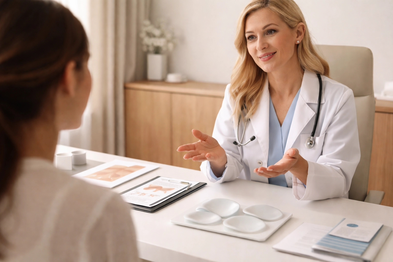 Patient and surgeon discussing implant sizing options for natural breast augmentation in Houston