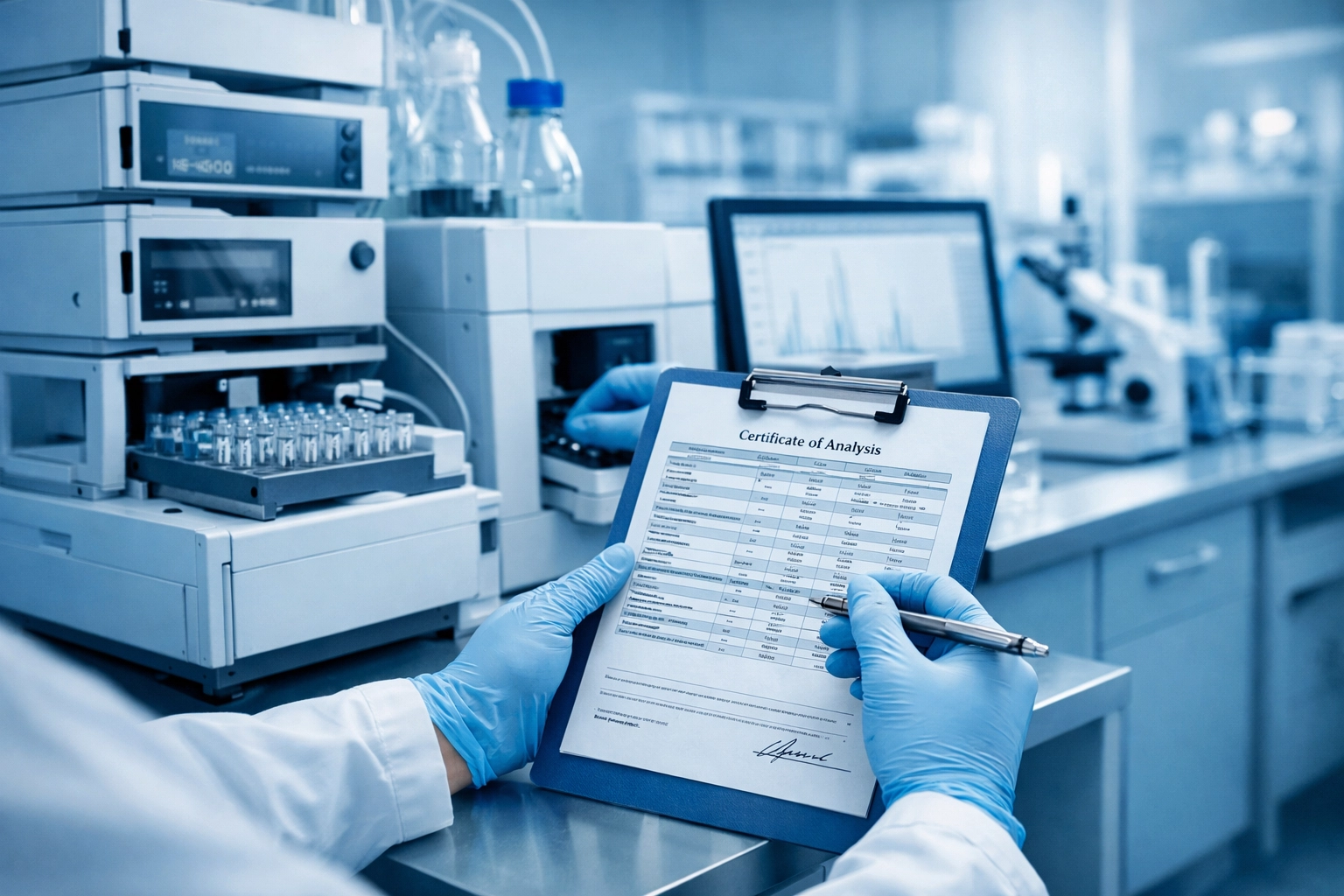 Modern clinical lab environment representing third-party testing and quality assurance for high-purity peptides (cool blue clinical atmosphere)