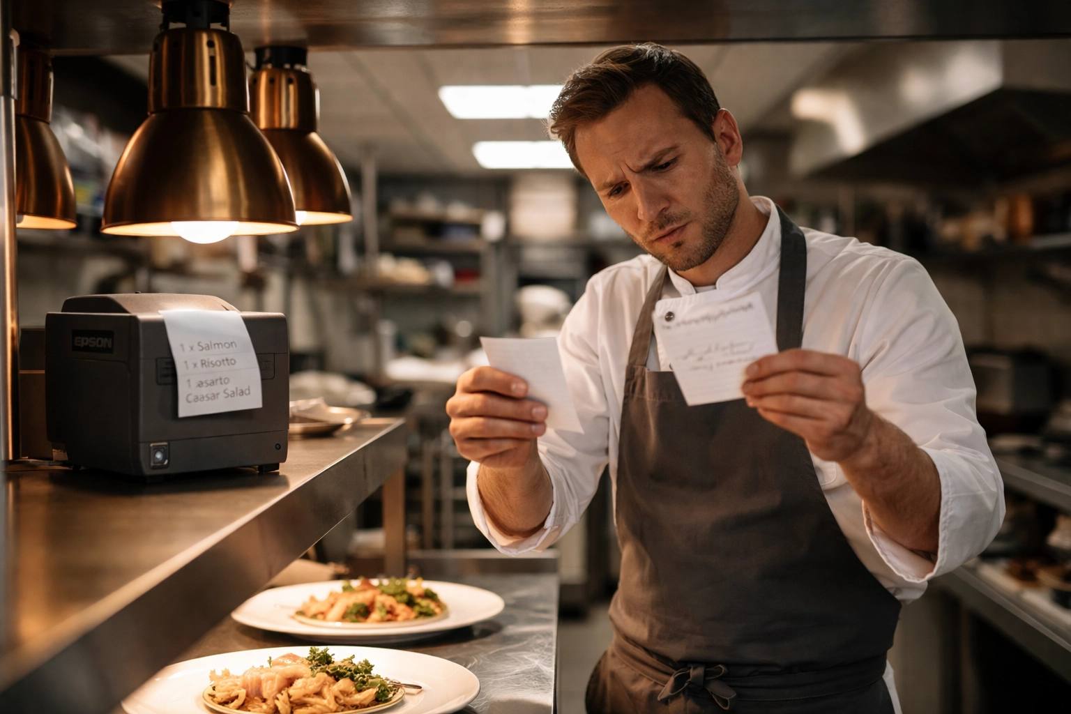 Chef confused by conflicting order tickets caused by disconnected restaurant systems