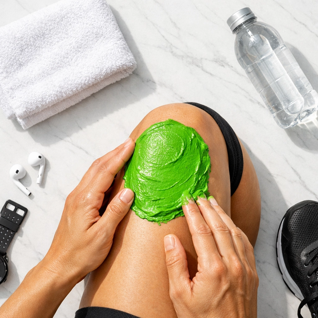Hands applying natural healing clay to knee as healthy alternative to Biofreeze for pain relief
