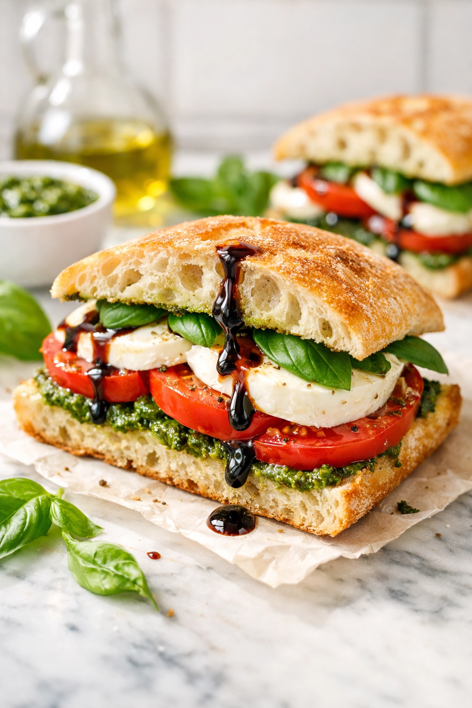 Fresh 5-ingredient Caprese sandwich with mozzarella and basil pesto, a light and easy weeknight dinner.