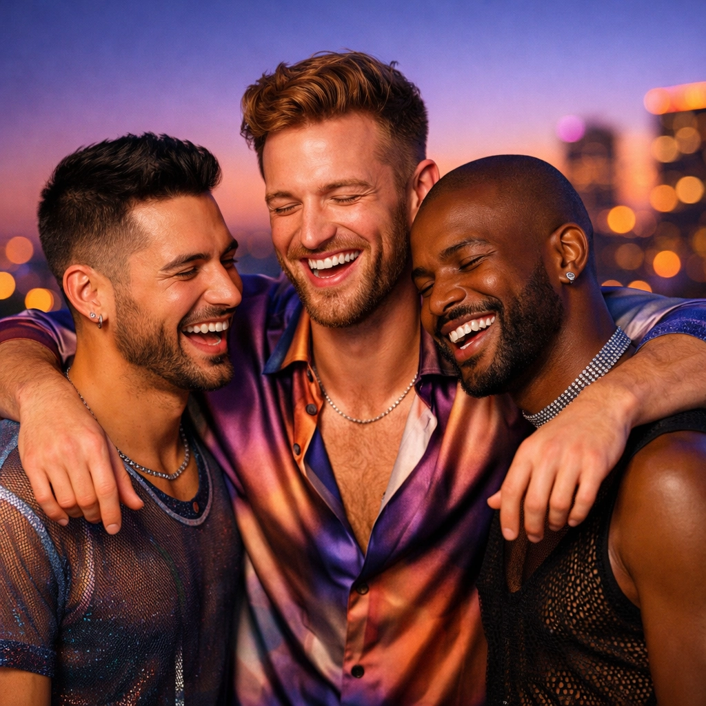 Three men embracing on a city rooftop, representing a polyamorous relationship and the beauty of queer chosen family.