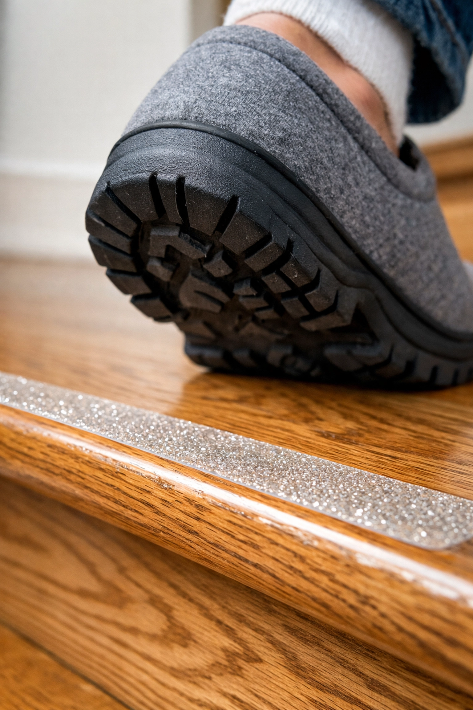 Foot in a supportive shoe on a wooden stair tread with a clear anti-slip safety strip for traction.