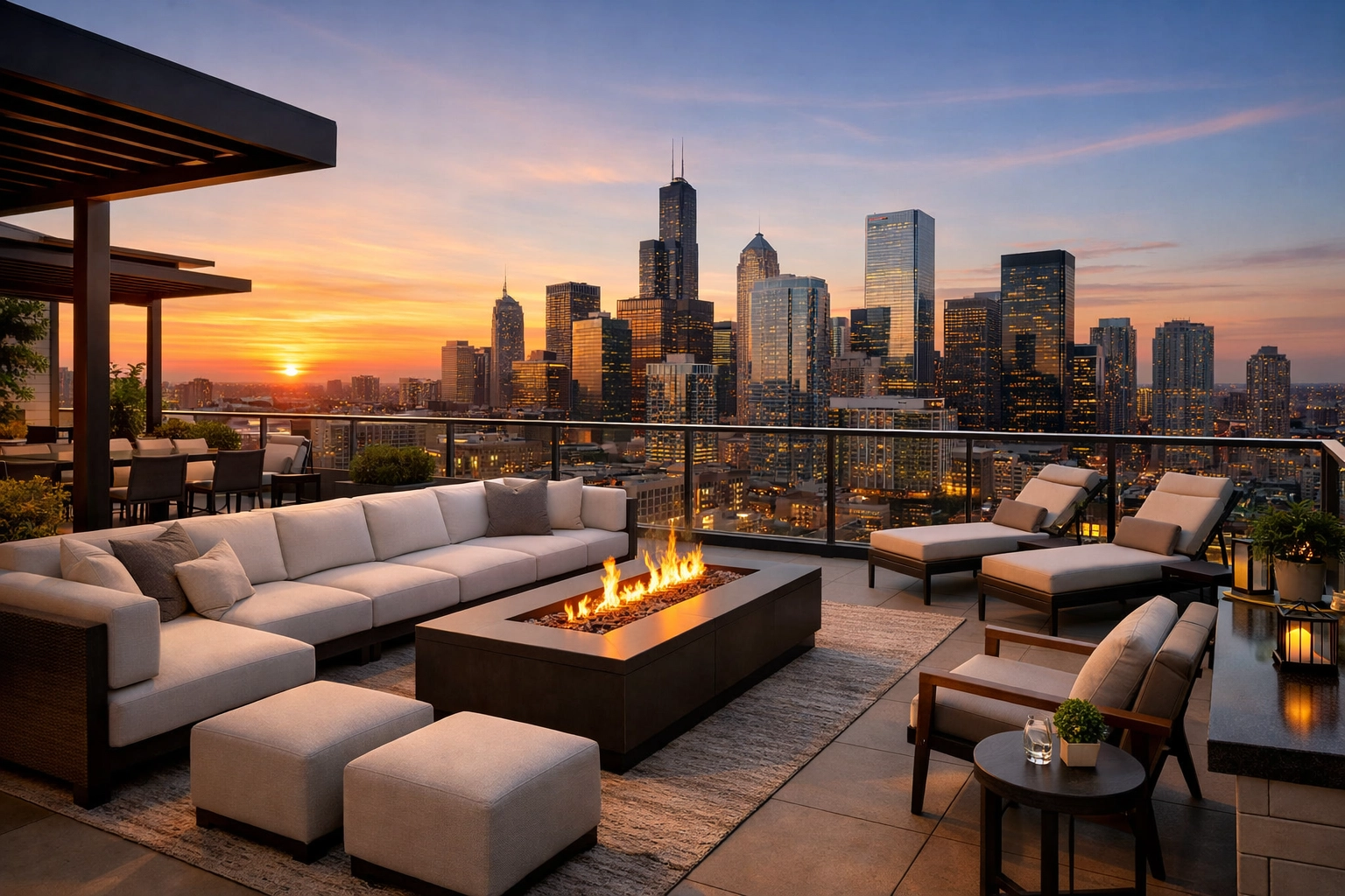 Spotless rooftop lounge overlooking the city skyline demonstrating meticulous property maintenance.