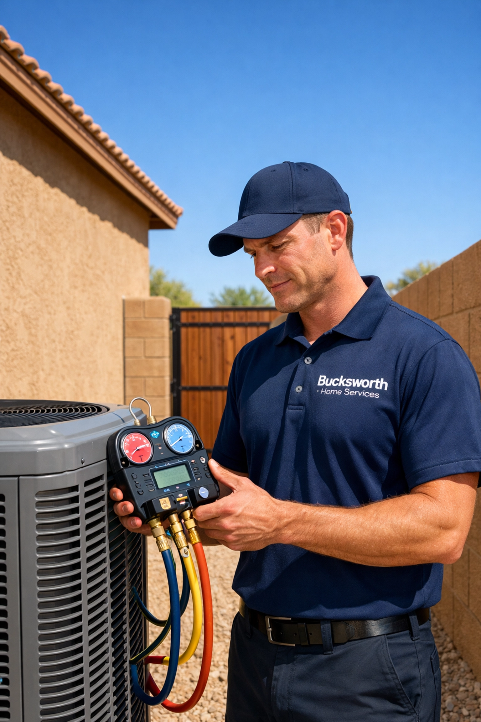 Bucksworth Home Services expert providing reliable AC maintenance in Tempe for a residential outdoor unit.