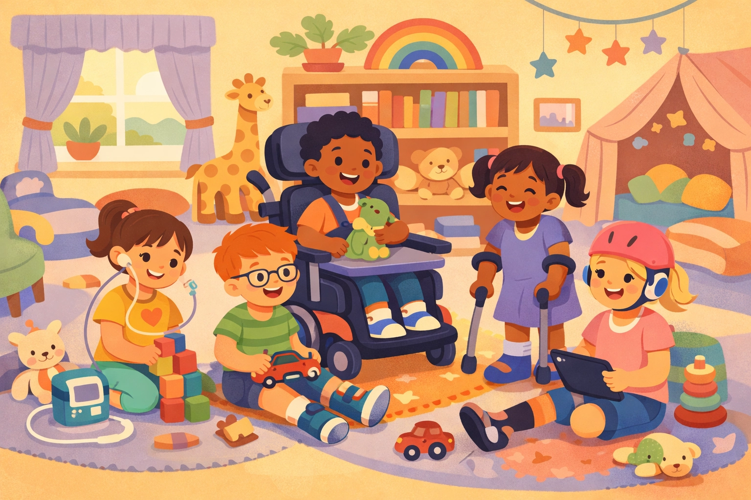 Medically fragile children playing together with adaptive equipment at home