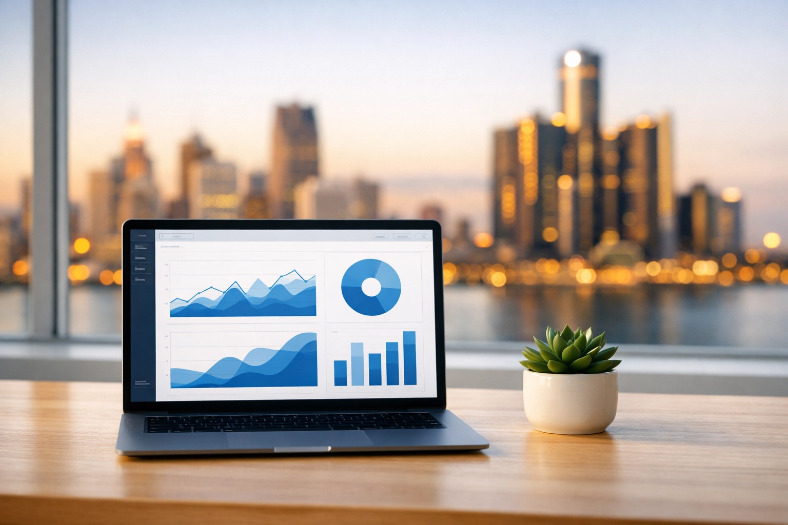 Modern office workspace with property management software dashboard overlooking Detroit skyline.