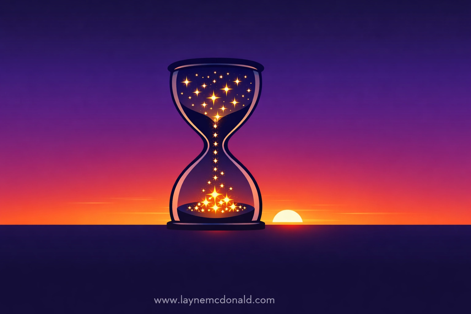 A minimalist hourglass and sunrise representing trust in God's perfect timing for healing and prayer.