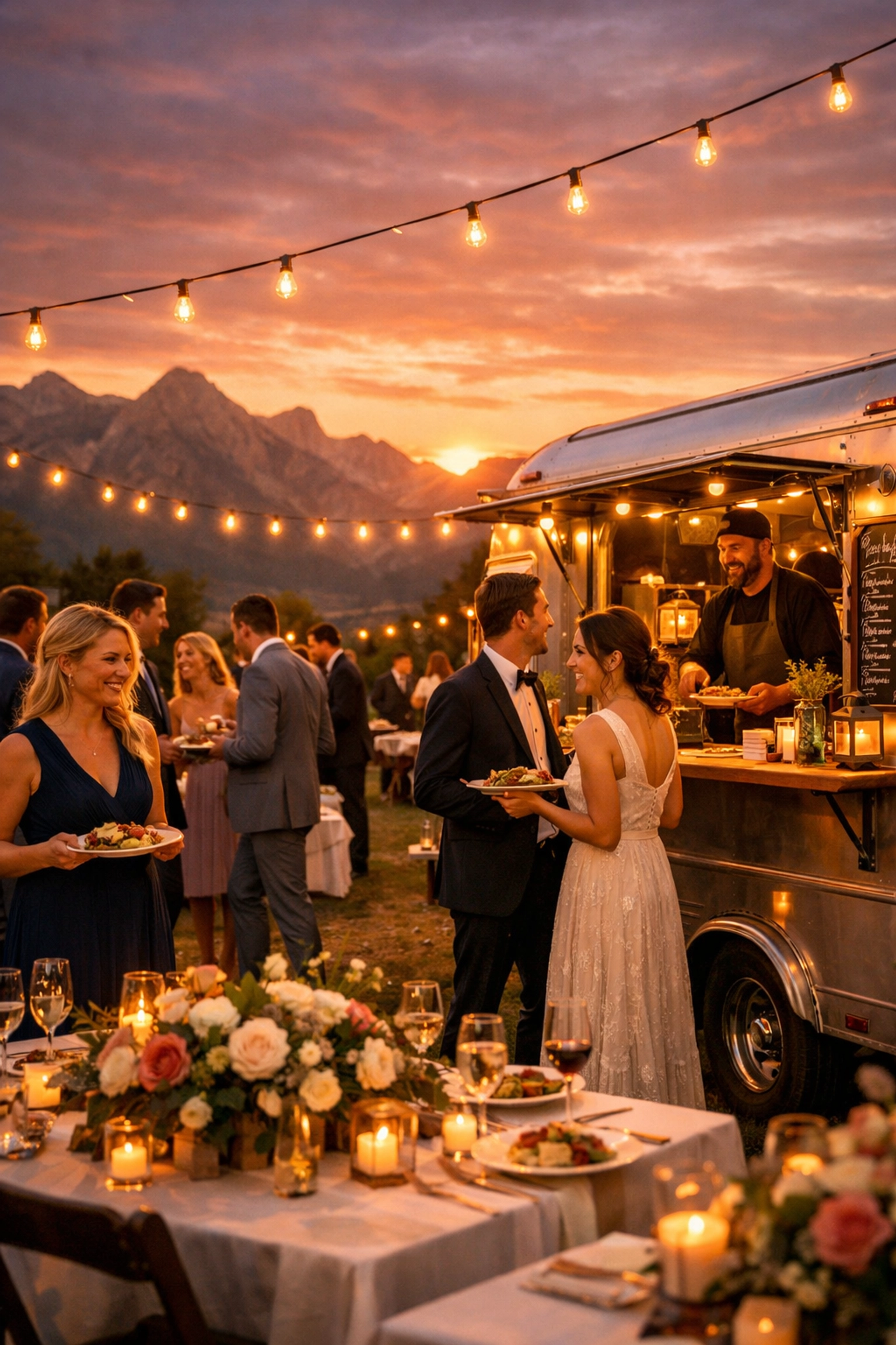 Elegant Utah wedding reception with food truck catering at sunset