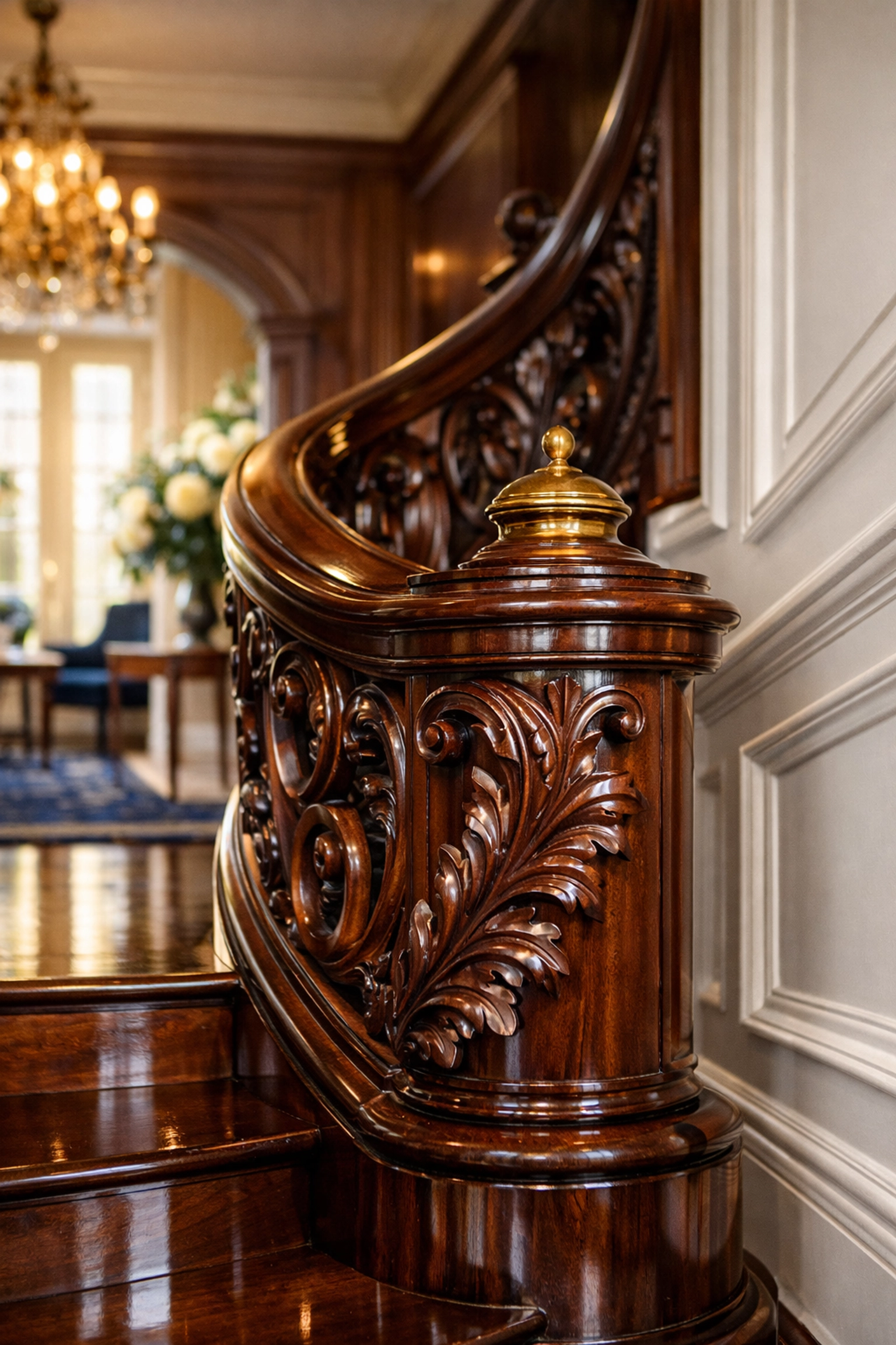 Polished mahogany staircase in a Weston estate showcasing Weston luxury house cleaning and deep extraction.