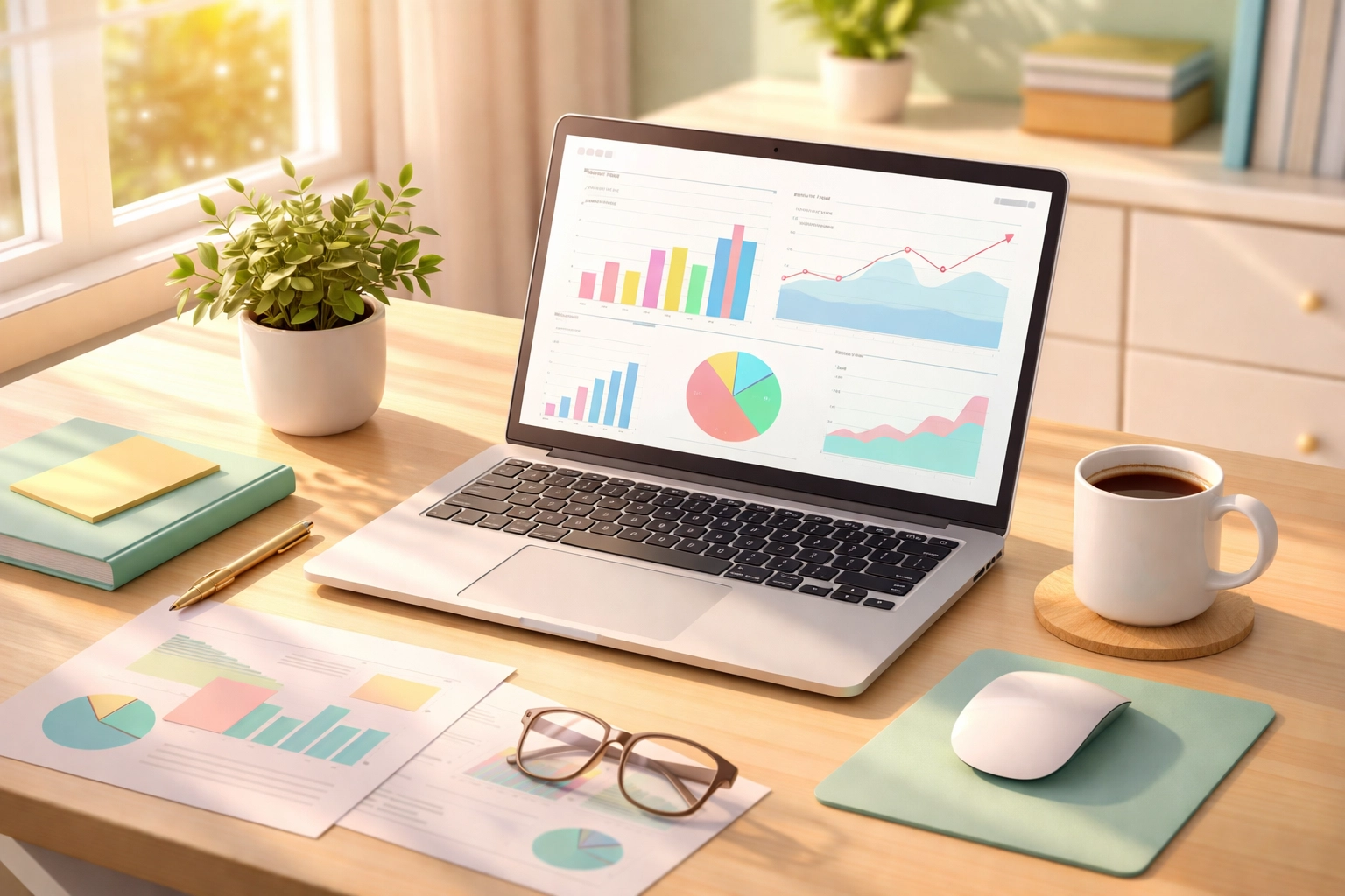 Clean organized workspace with laptop showing financial charts from monthly bookkeeping