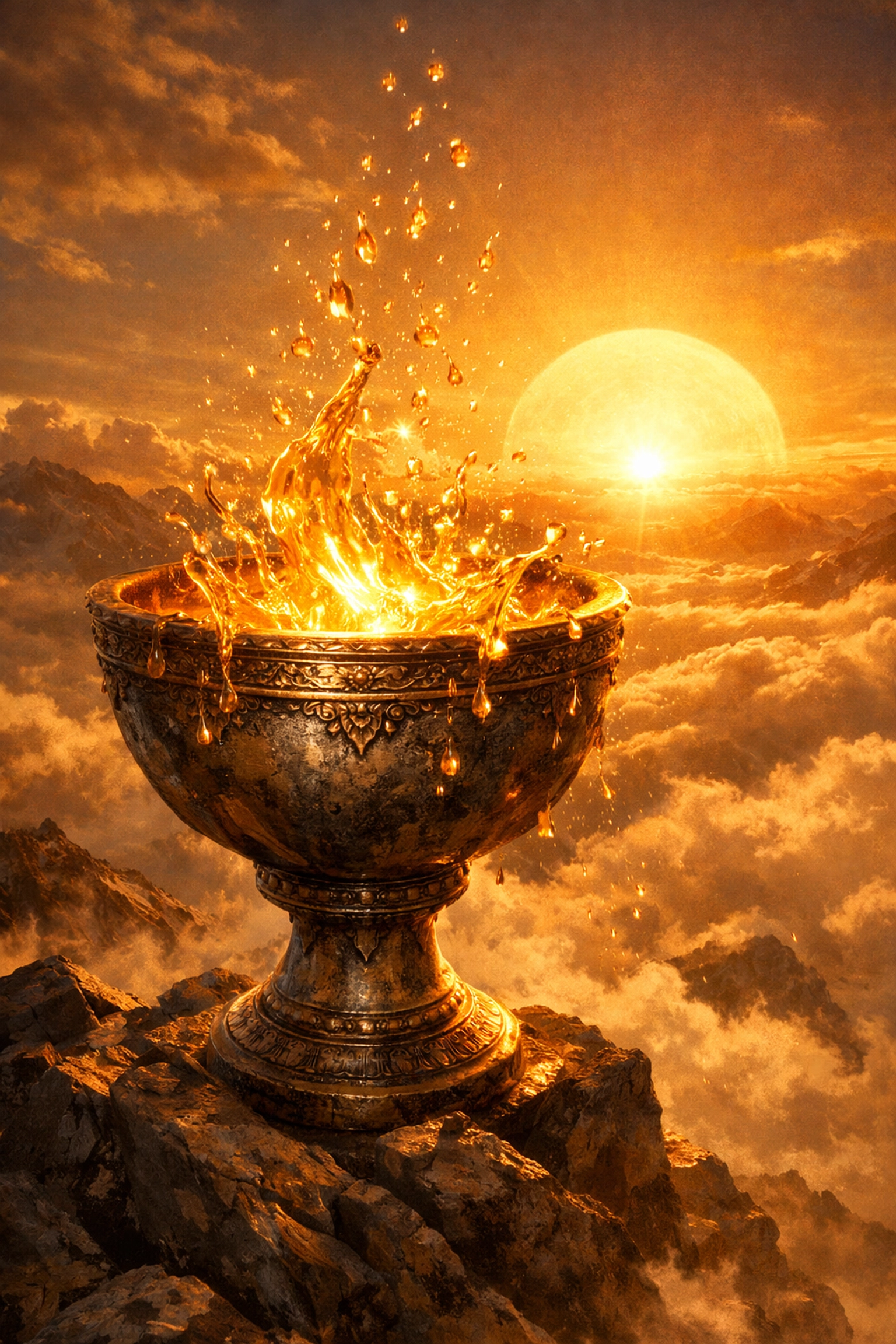 Overflowing golden vessel on a mountain, representing a regulated nervous system as a container for wealth.