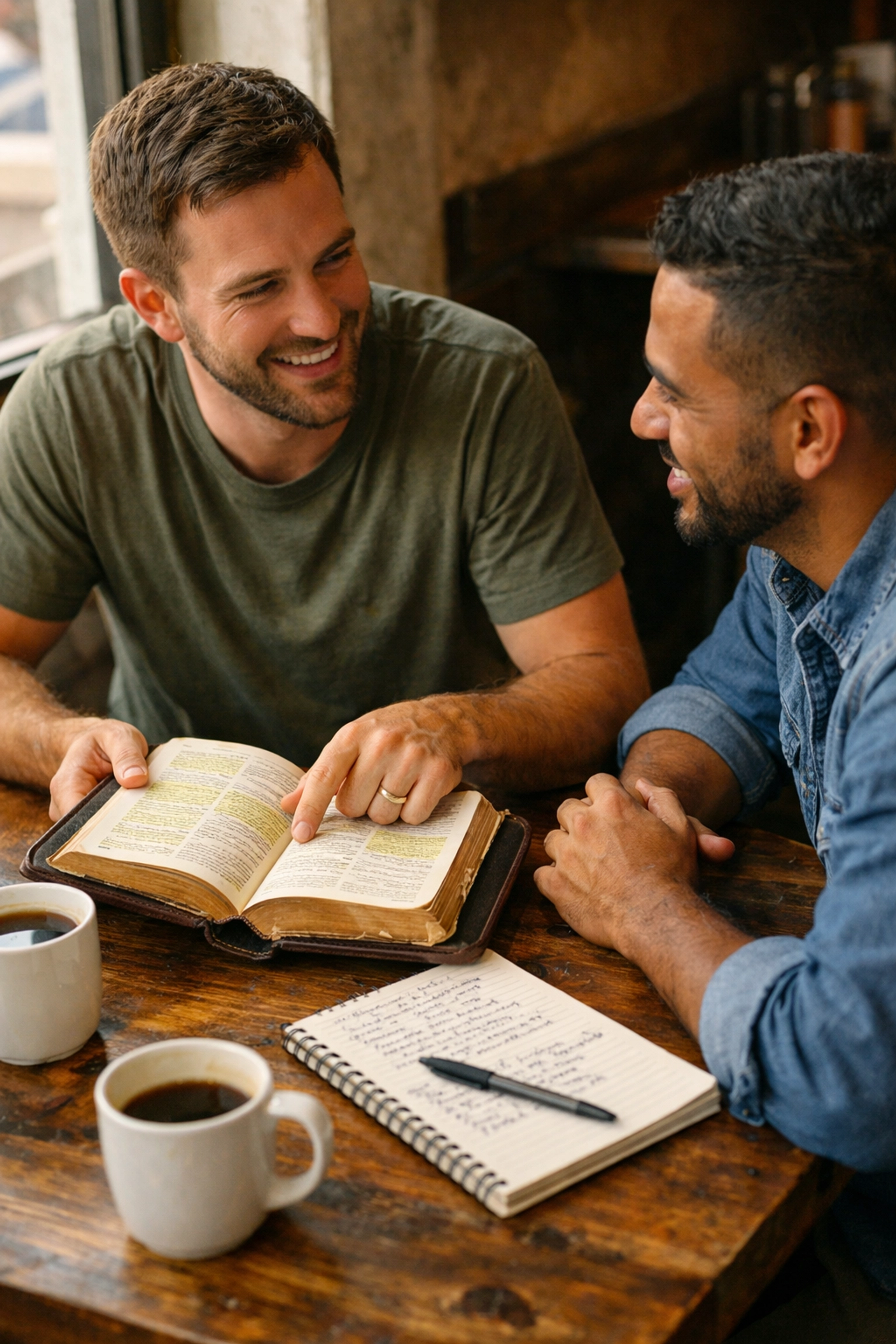 Two men in one-to-one discipleship mentoring meeting with open Bible at coffee shop