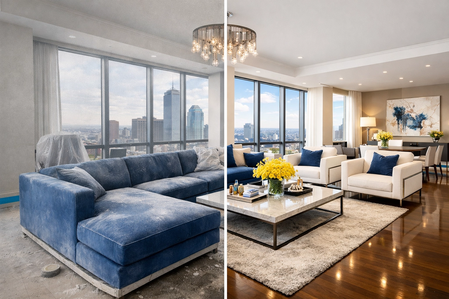 Before and after transformation of a Boston living room following a professional post-construction cleaning MA service.