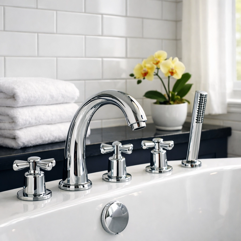 Pristine master bathroom with sparkling fixtures after a thorough deep cleaning service in Acton, MA.
