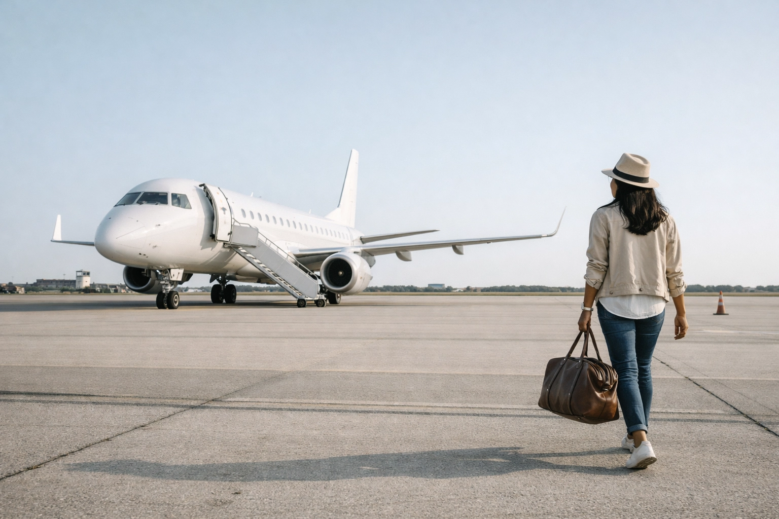 A regional jet at a secondary airport as a strategic alternative to avoid major flight fare spikes.