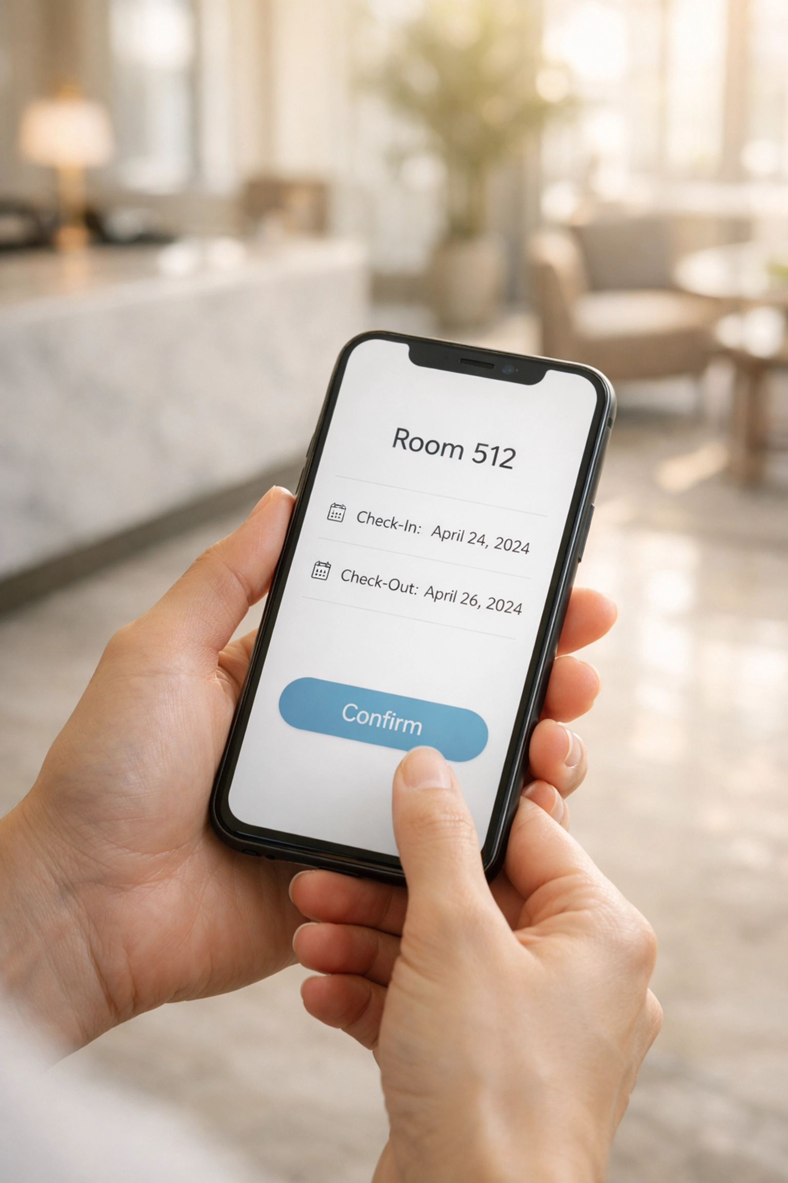Person using a mobile-first hotel booking engine on a smartphone in a bright hotel lobby.