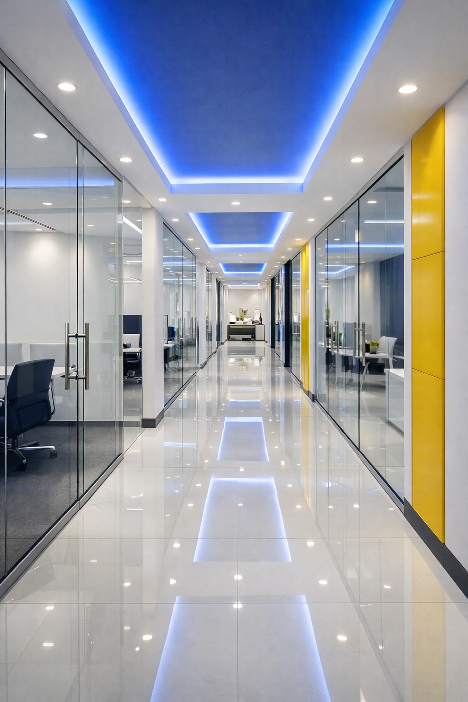Clean executive office corridor in Hanover featuring streak-free glass partitions and polished tile floors.