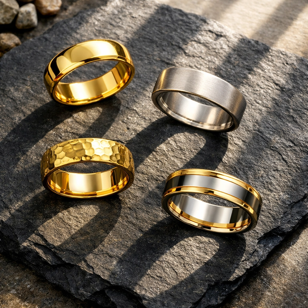 Four styles of men's gold wedding bands in polished, brushed, hammered, and two-tone finishes.