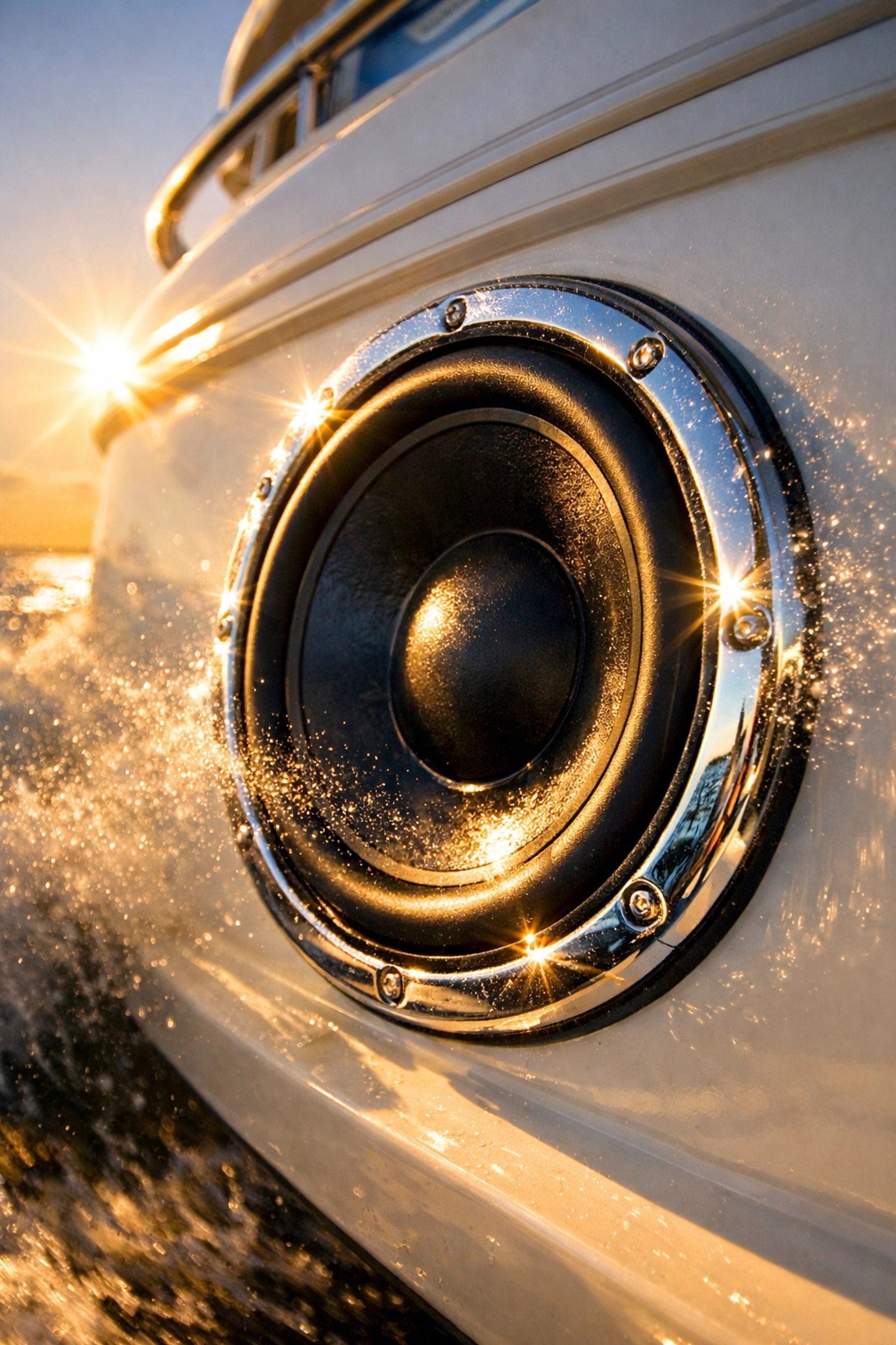 12-inch marine subwoofer integrated into a boat bulkhead for deep bass on the water.